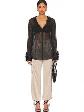 Claudia Richard NEW Y2K Sheer Petal Trim M Blouse Button Down Goth Top Black